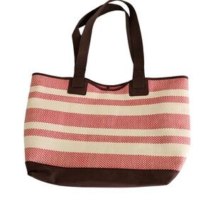 New Thirty-one Canvas Straw Crew Pink Cream Stripe Tote Large Bag 14 x 13 x 7
